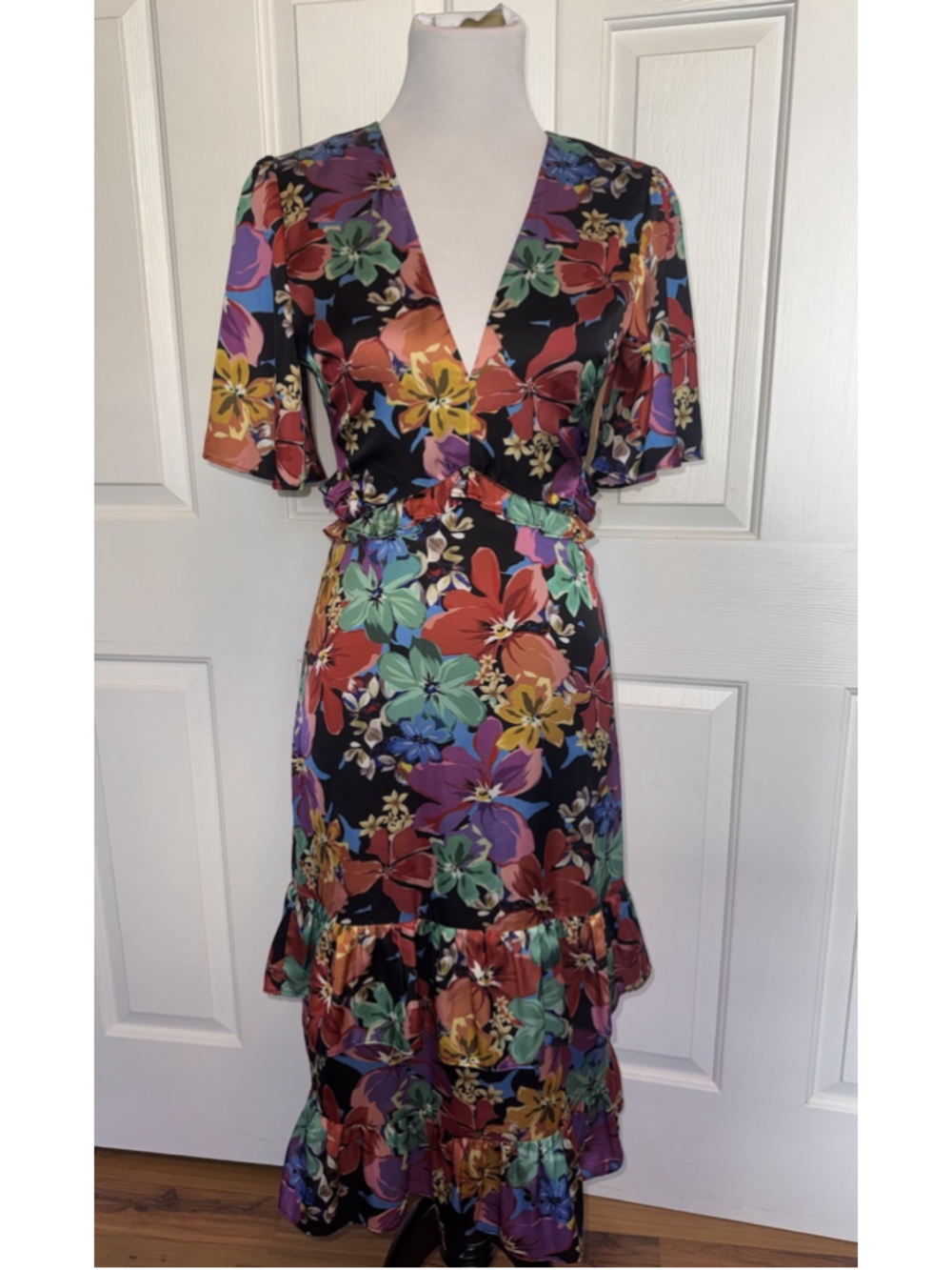 Tularosa Kaylee Floral Ruffle Midi Dress XS Romantic Wedding Guest Garden Party